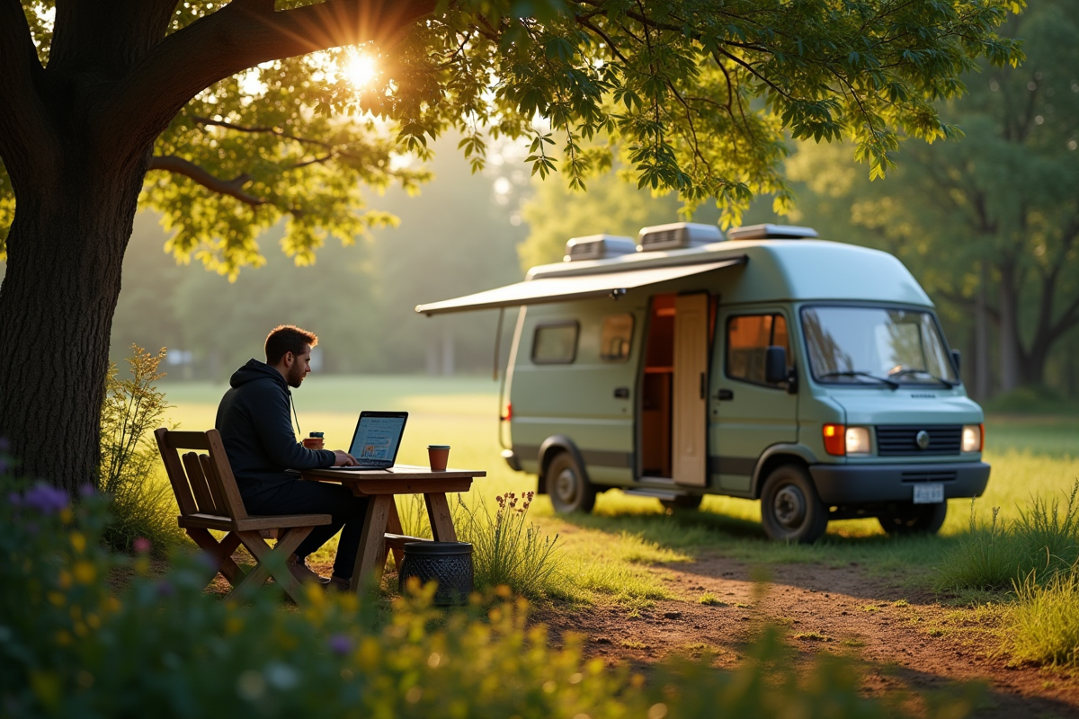 Nomade digital travaillant sur un ordinateur sous les arbres