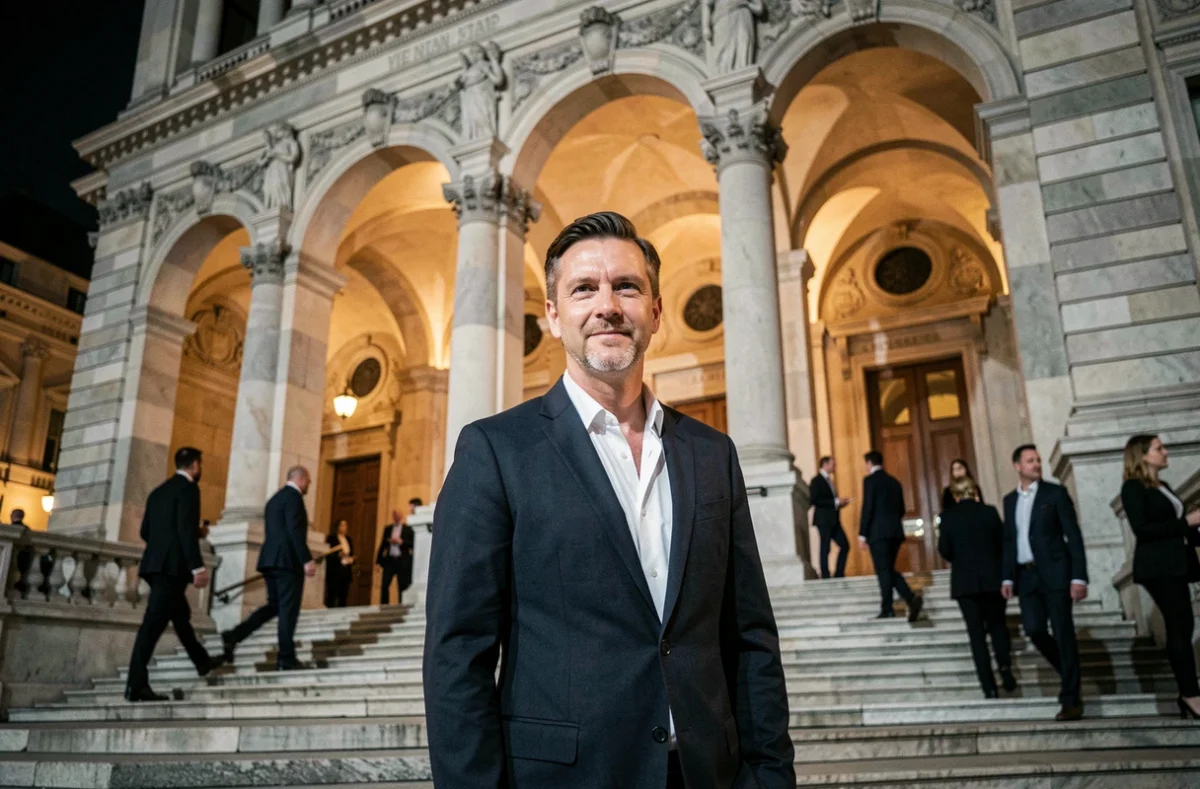 Homme élégant devant la façade de l'Opéra national de Vienne lors d'une soirée culturelle
