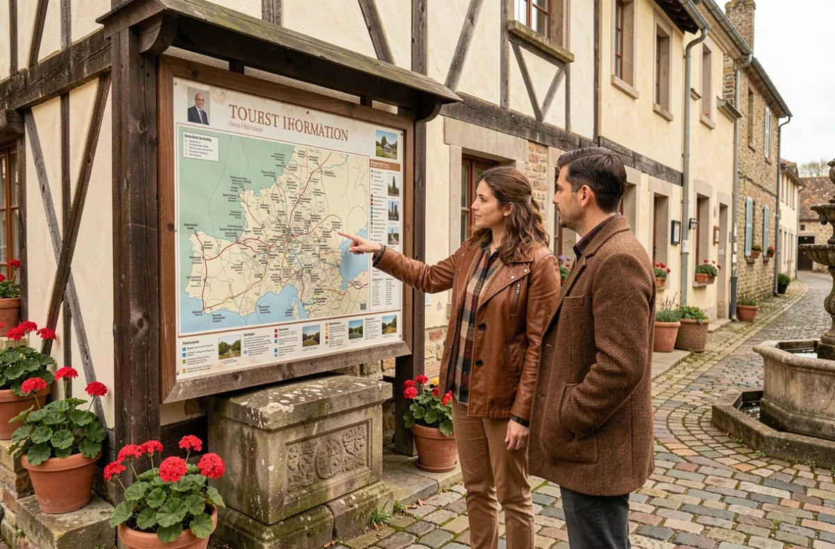 Couple consultant un panneau cartographique touristique dans un village normand à colombages