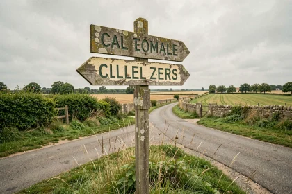 Panneau indicateur en bois au croisement d'une route rurale normande entouré de bocage verdoyant