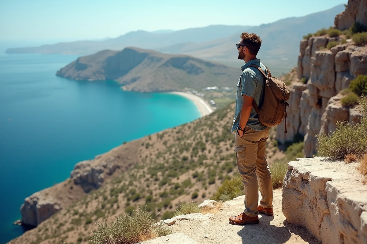 Voyageur contemplant un panorama sauvage de falaises et de criques turquoise depuis un promontoire rocheux à Karpathos en Grèce