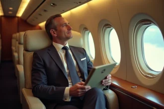 Passager en costume à bord du Concorde regardant par le hublot pendant le vol Paris–New York