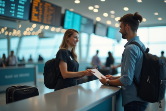 Passager à l'aéroport remettant ses documents à un agent de compagnie aérienne