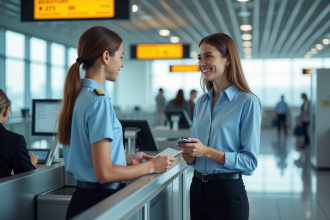 Jeune femme à l'aéroport effectuant l'enregistrement