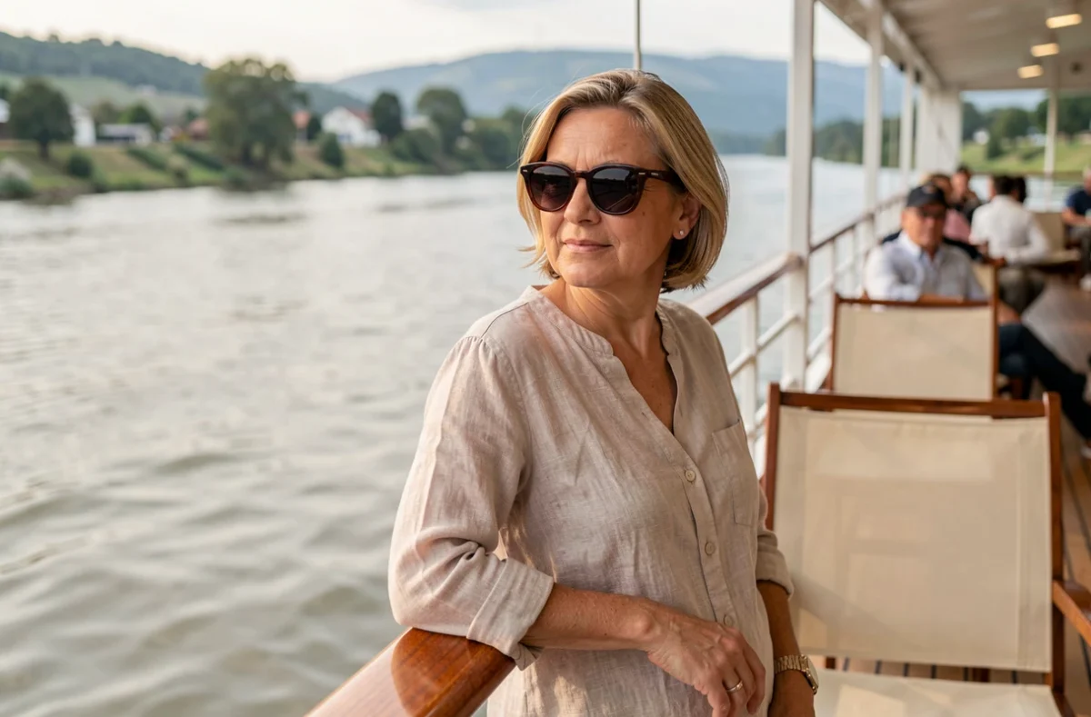 Femme profitant de la vue sur le Rhône depuis le pont d'un bateau de croisière fluviale