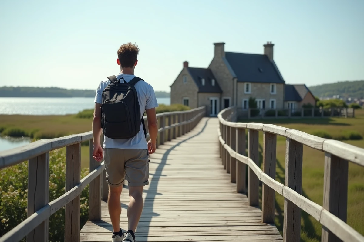 Jeune homme traverse un pont en bois vers Saint Cado