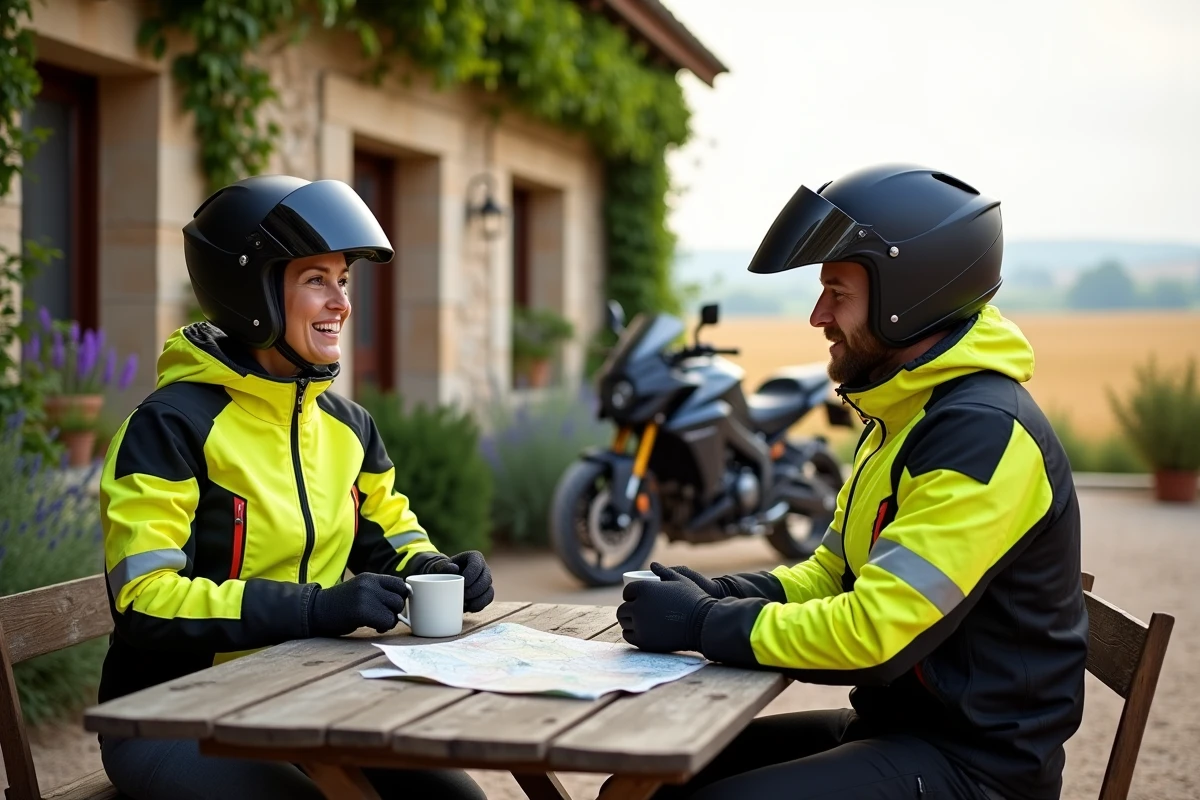 Deux motards en pause café devant un café de campagne français avec leurs motos garées en arrière-plan lors d'un road trip 2026