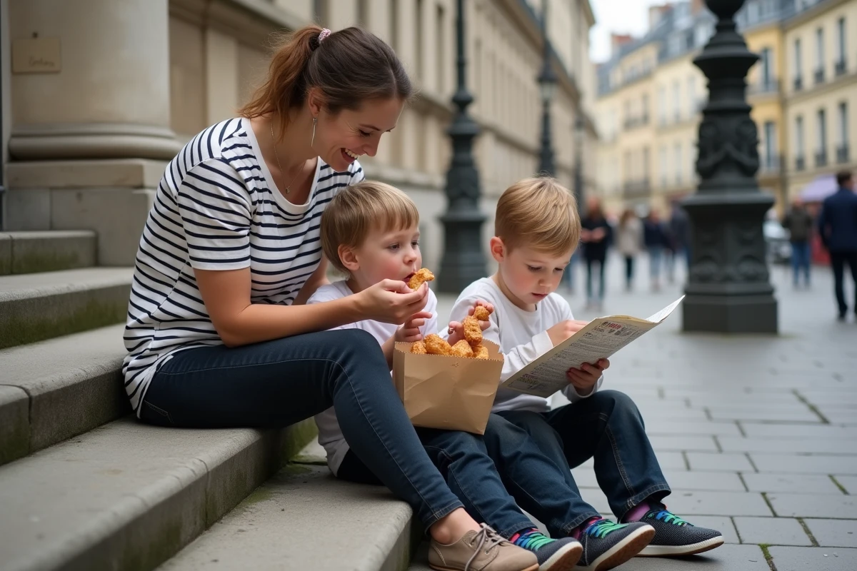 Mère et enfants faisant une pause goûter assis sur des marches d'une place parisienne lors d'un itinéraire à pied