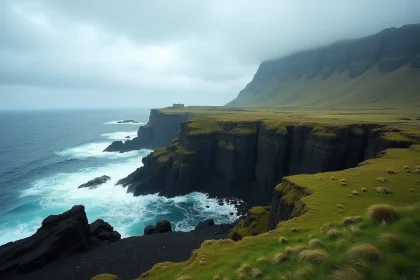 Falaises basaltiques islandaises recouvertes de mousse verte face à l'océan Atlantique Nord, avec une ferme traditionnelle à toit de tourbe en arrière-plan