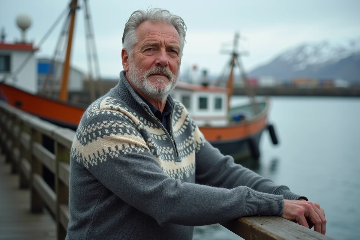 Homme islandais en lopapeysa traditionnelle près d'un bateau de pêche dans le port de Reykjavik, avec le mont Esja visible en arrière-plan
