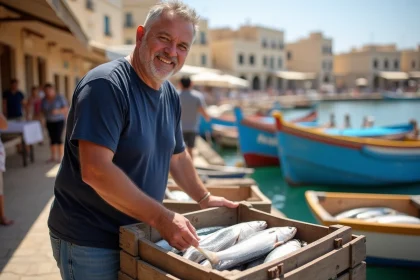 Pêcheur maltais souriant arrangeant poissons frais au marché