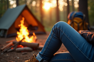Personne assise près du feu de camp en forêt avec jeans bleus