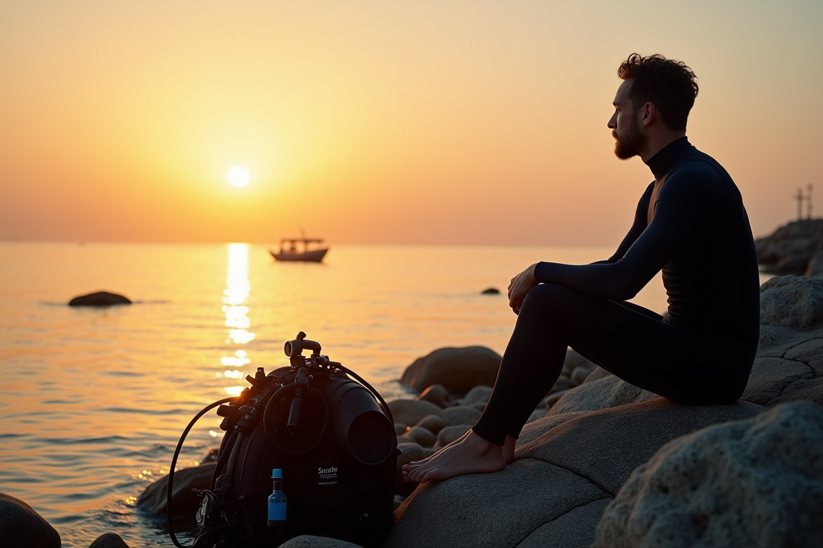 Personne en combinaison de plongée sur la plage au lever du soleil