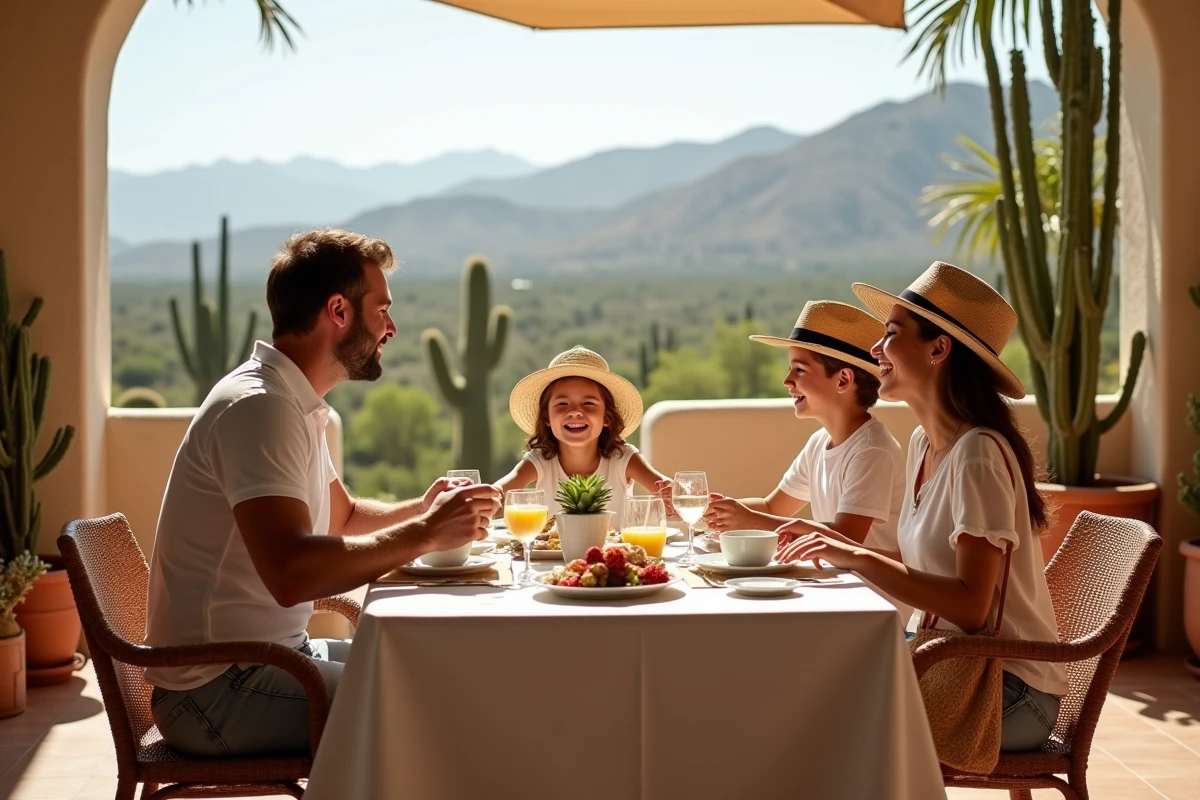 Famille profitant du petit déjeuner dans un patio ensoleille