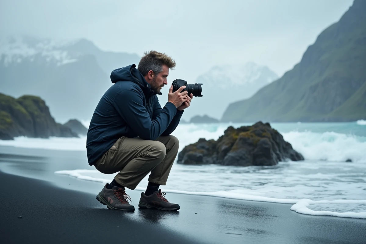 Photographe accroupi sur une plage de sable noir des Lofoten en train de capturer des vagues et des rochers basaltiques