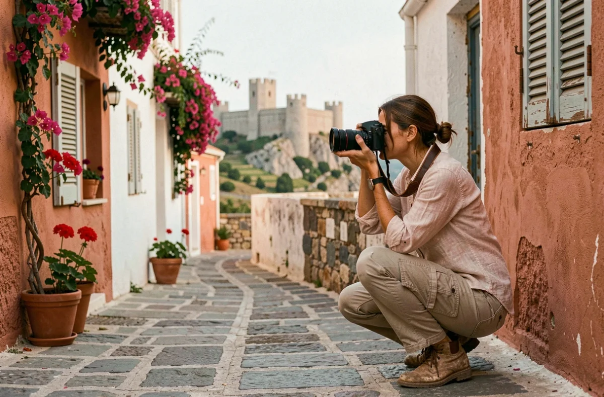 Photographe explorant les ruelles pavées du village de Chora à Kythira avec le château vénitien en arrière-plan