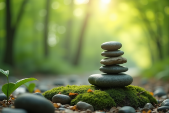 Pierres lisses empilees sur une roche en foret calme