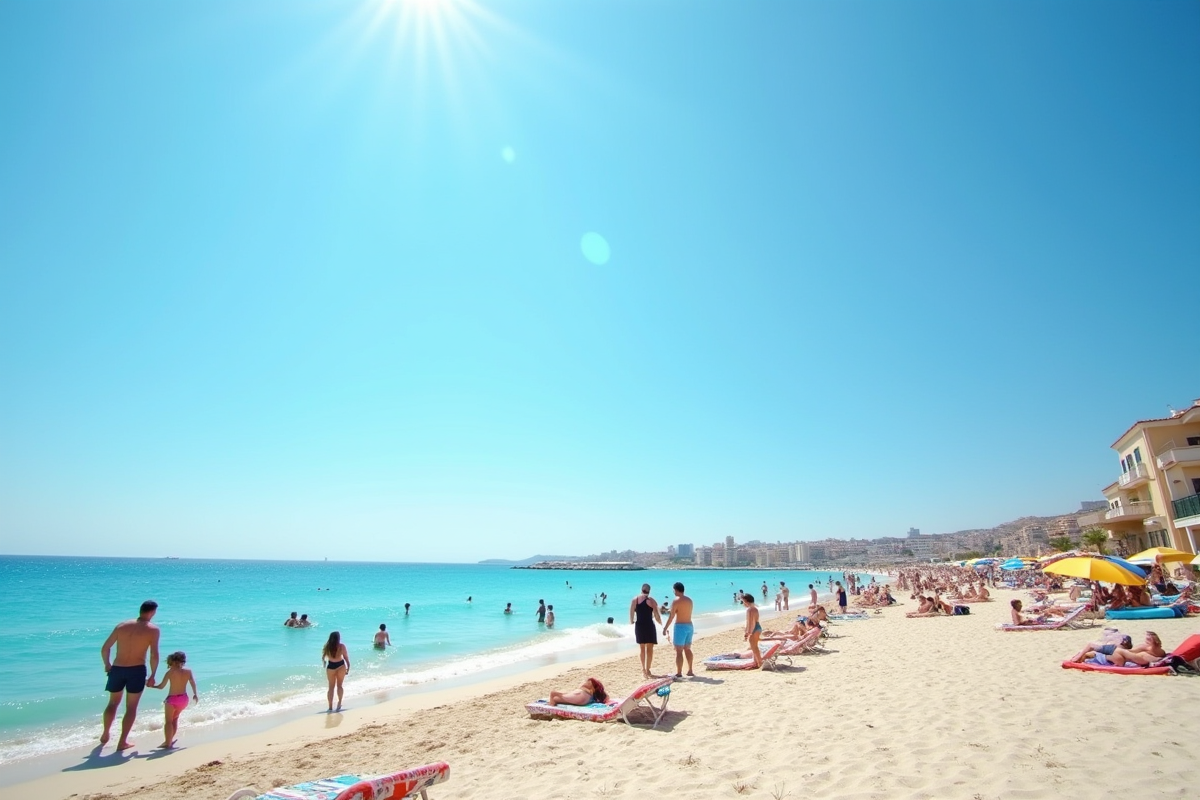 Plage chypriote avec familles et voyageurs au soleil