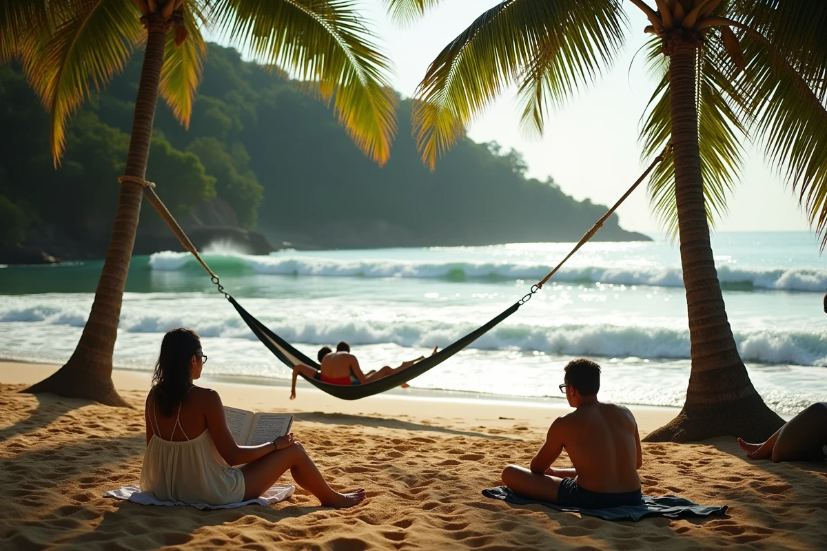 Plage sauvage de Mazunte avec des voyageurs se relaxant sur le sable volcanique doré face aux vagues du Pacifique et à la jungle verdoyante