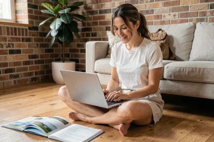 Femme planifiant un voyage de dernière minute sur son ordinateur portable entourée de guides de voyage et d'une liste de destinations pas chères