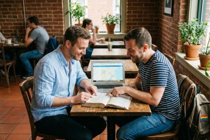 Deux hommes planifiant ensemble un voyage LGBTQ+ dans un café avec un guide de voyage et un ordinateur portable
