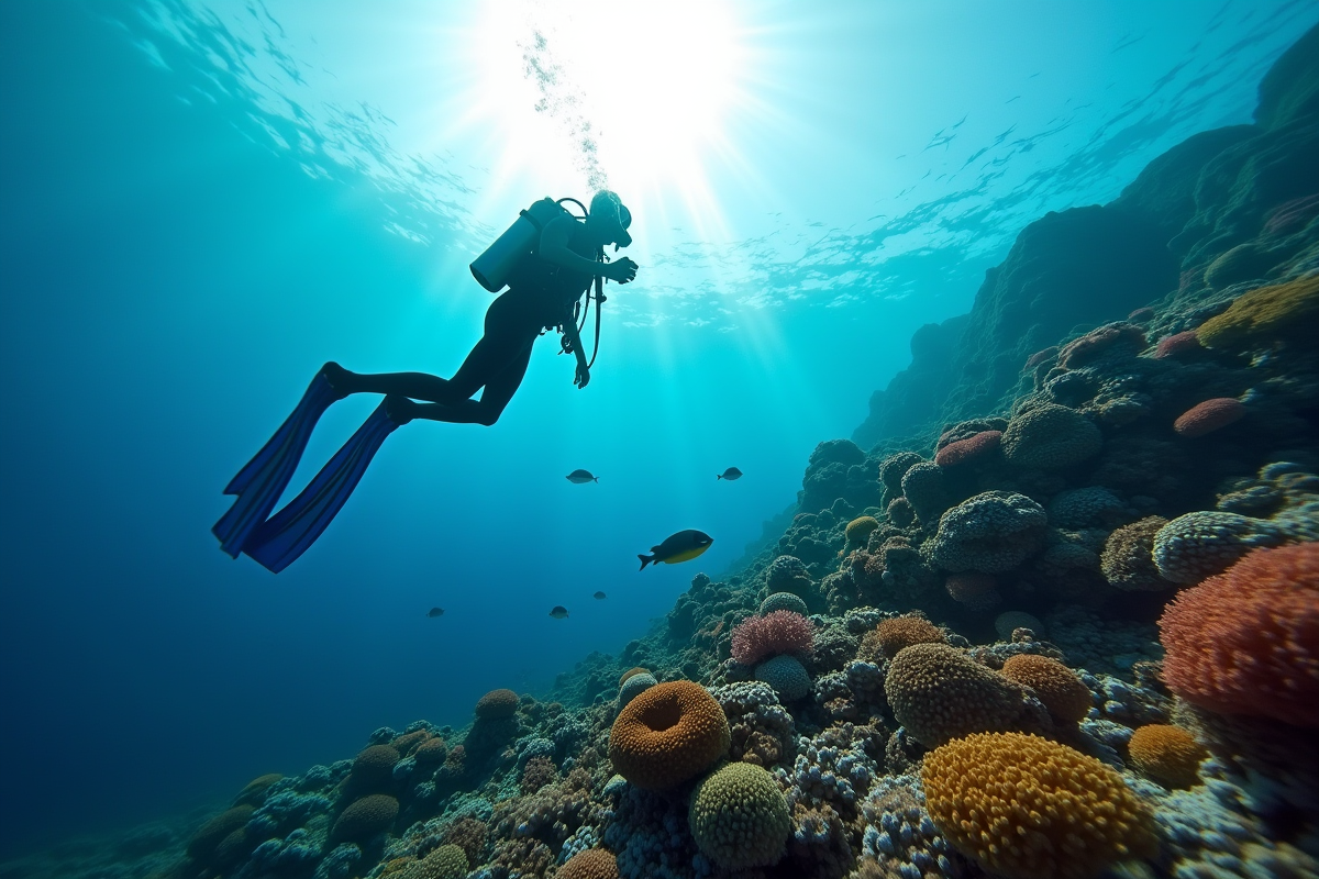 Plongeur sous-marin près de corail coloré avec rayons de soleil