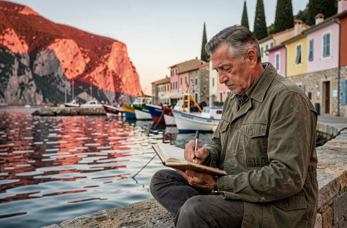 Homme dessinant dans le port de Cassis avec le cap Canaille en fond au coucher du soleil