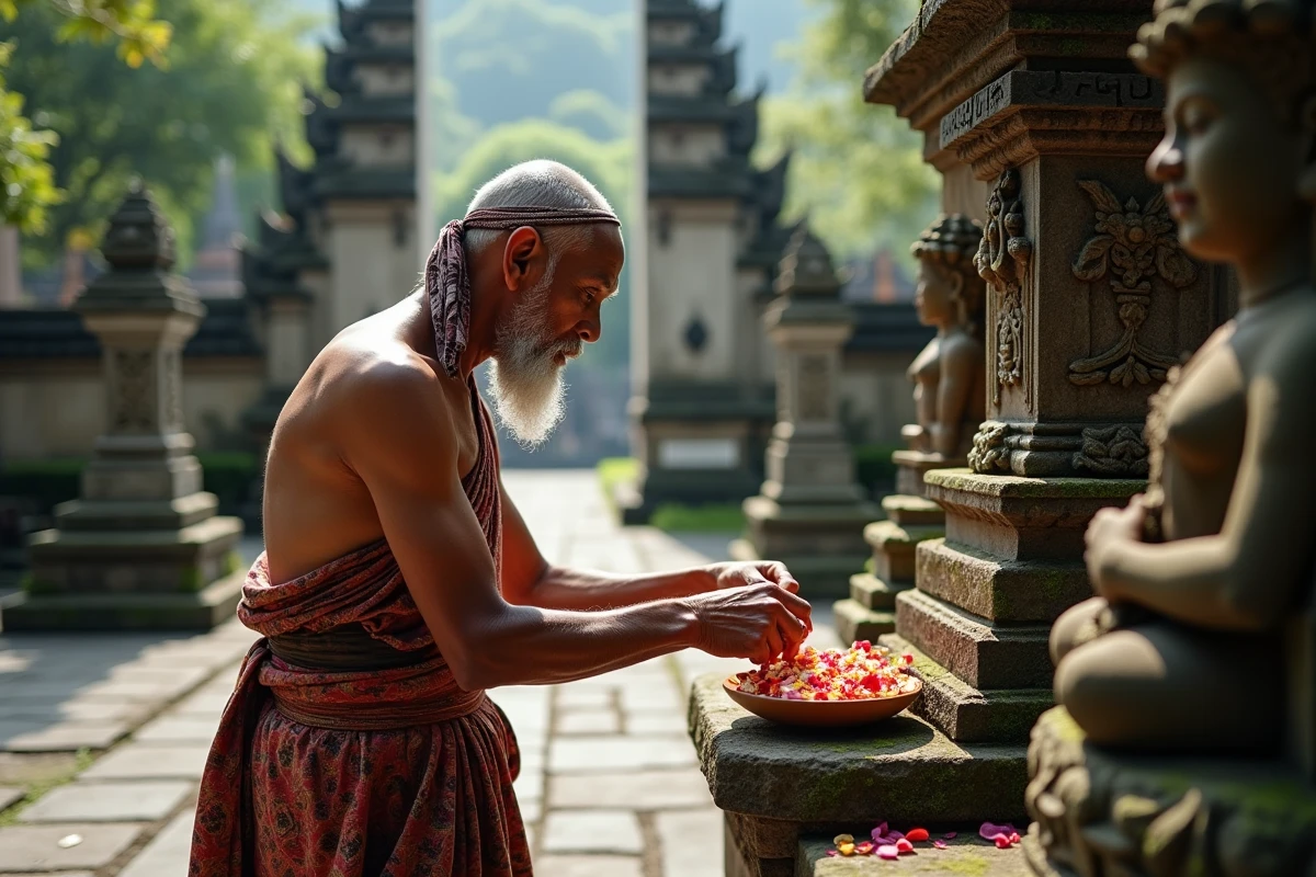Homme balinais préparant des offrandes dans un temple ancien