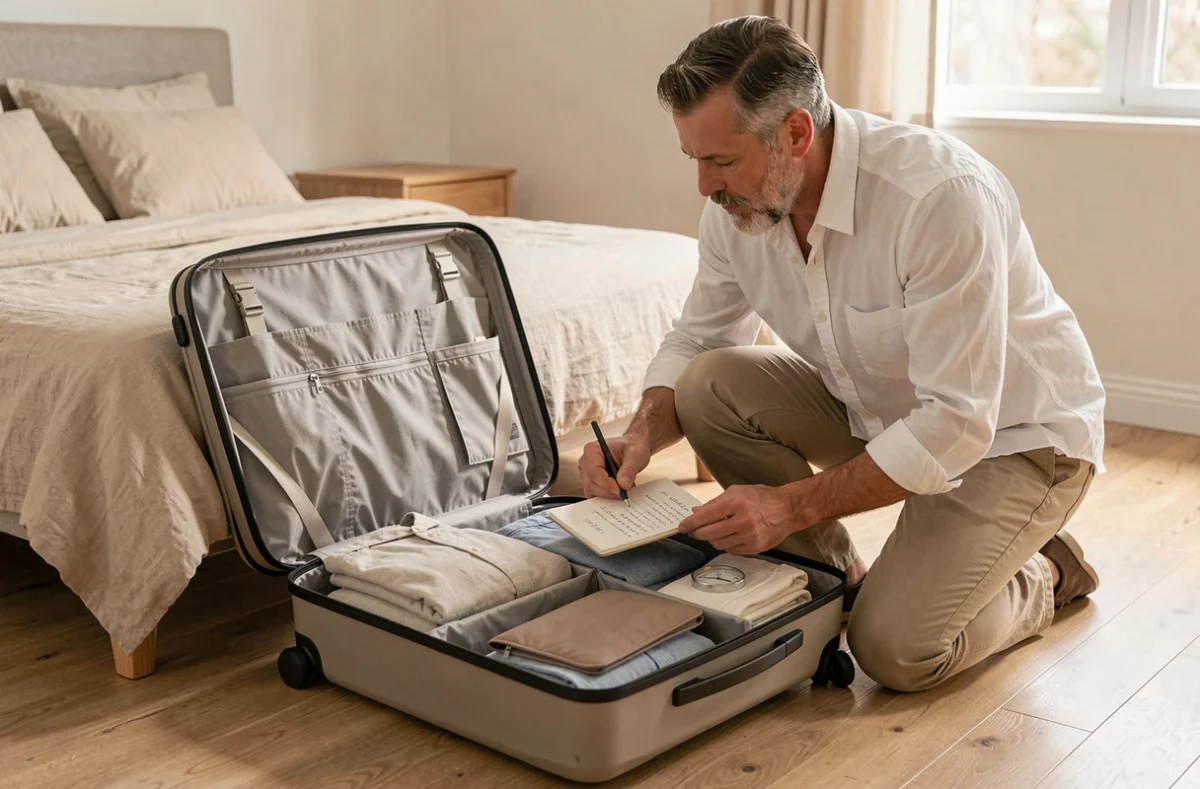 Homme qui prépare et organise le contenu de sa valise cabine pour un voyage en avion sans bagage en soute