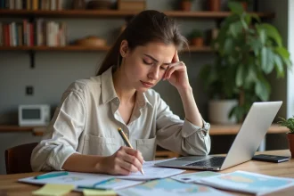 Femme préparant son voyage à la maison avec guidebook, passeport et ordinateur portable sur une table en bois