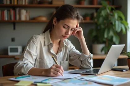 Femme préparant son voyage à la maison avec guidebook, passeport et ordinateur portable sur une table en bois