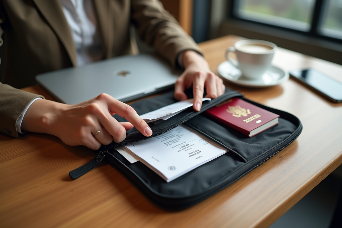 Personne range ses documents de voyage dans une pochette