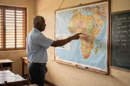 Professeur de géographie pointant le Sénégal sur une grande carte politique de l'Afrique dans une salle de classe