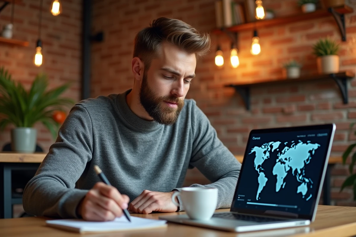 Professionnel en télétravail consultant une carte interactive des fuseaux horaires dans un espace de coworking chaleureux