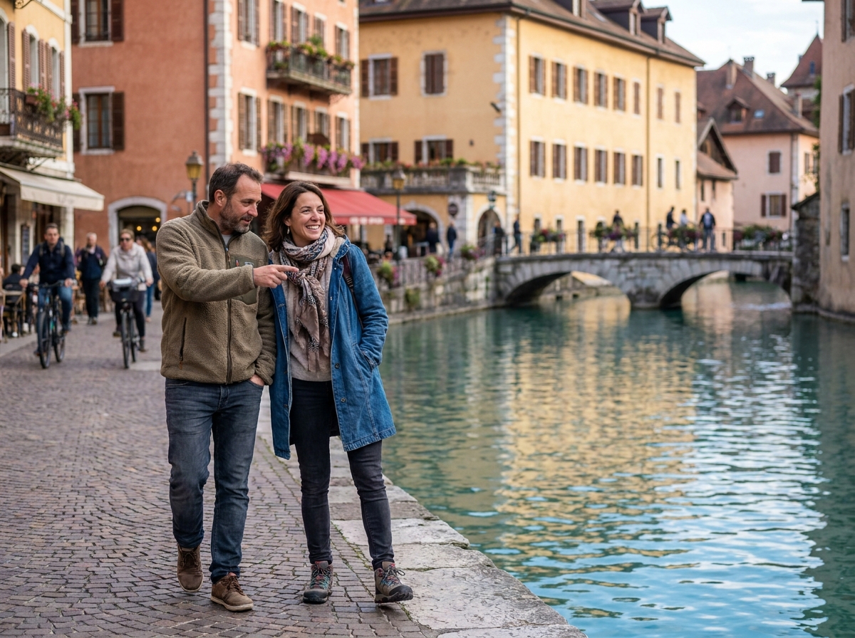 Couple se promenant sur les quais du vieil Annecy longeant le lac, avec les façades colorées et le pont historique en arrière-plan