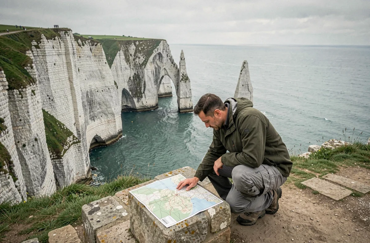 Randonneur étudiant une carte au sommet des falaises d'Étretat avec l'arche naturelle visible en arrière-plan