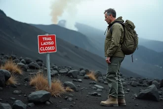 Randonneur lisant un panneau de fermeture de sentier sur les pentes volcaniques de l'Etna avec des champs de lave noire en arrière-plan