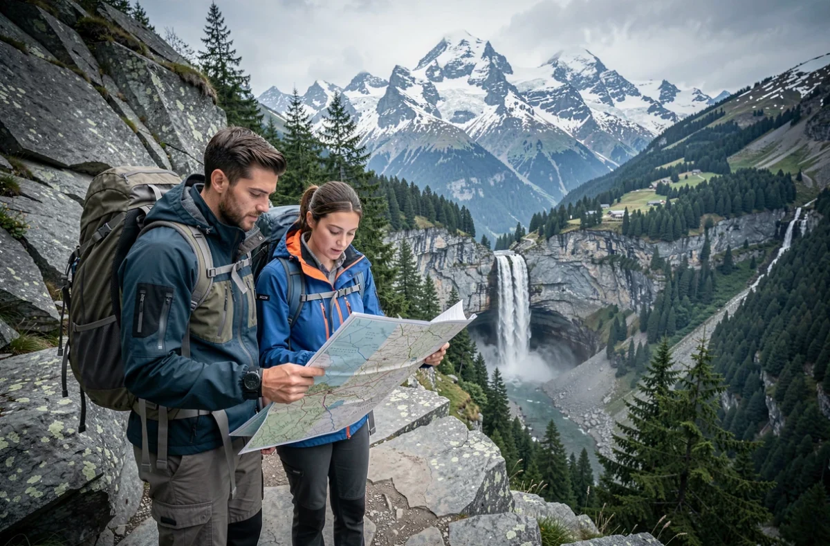 Deux randonneurs consultant une carte face à une cascade et au massif du Mont Blanc en Haute-Savoie