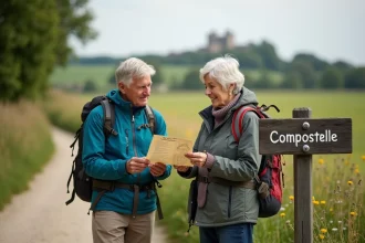 Deux seniors en randonnée préparant leur voyage en Normandie
