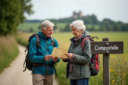 Deux seniors en randonnée préparant leur voyage en Normandie