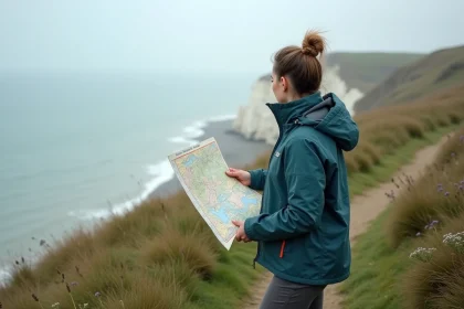 Randonneuse consultant une carte topographique sur les falaises côtières de Normandie avec vue sur la Manche