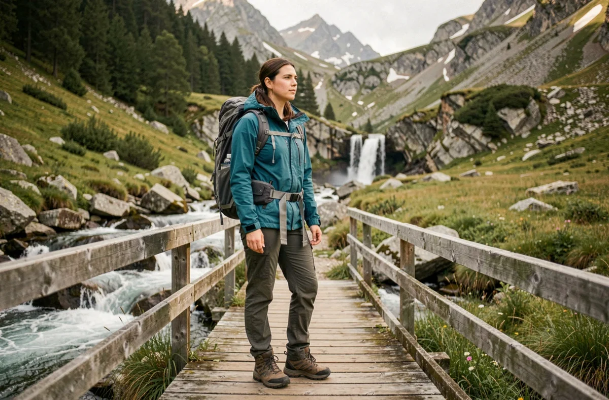 Randonneuse sur un pont en bois au-dessus d'un torrent de montagne avec une cascade en arrière-plan en Haute-Savoie