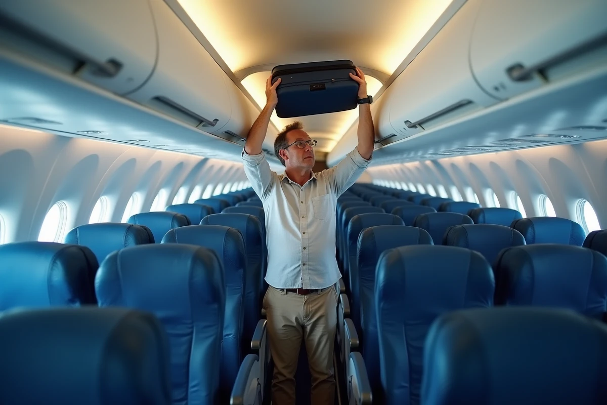 Homme rangeant une valise cabine dans le compartiment supérieur d'un avion avec une ajustement parfait aux dimensions autorisées