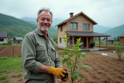 Homme plantant un jeune arbre devant une maison reconstruite