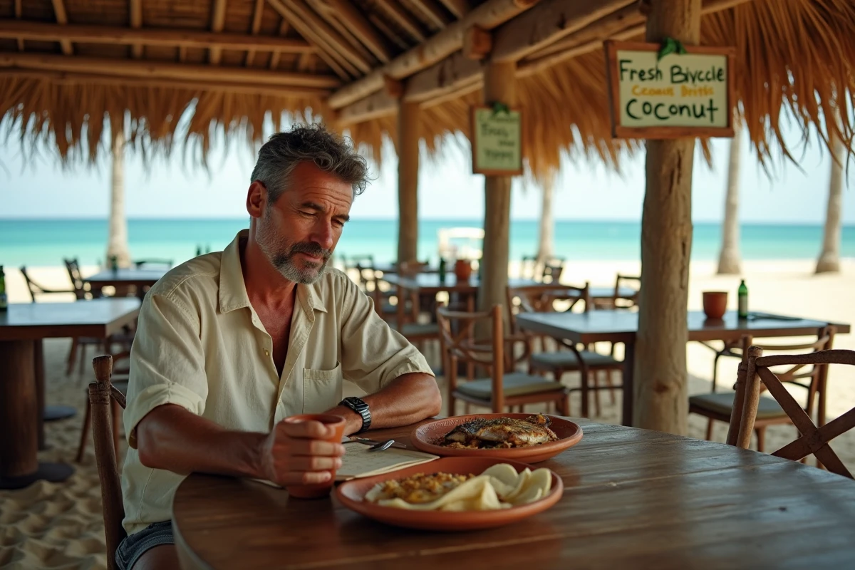 Voyageur attablé dans un restaurant palapa en bord de plage à Mazunte, dégustant du poisson grillé et du mezcal dans une ambiance mexicaine authentique