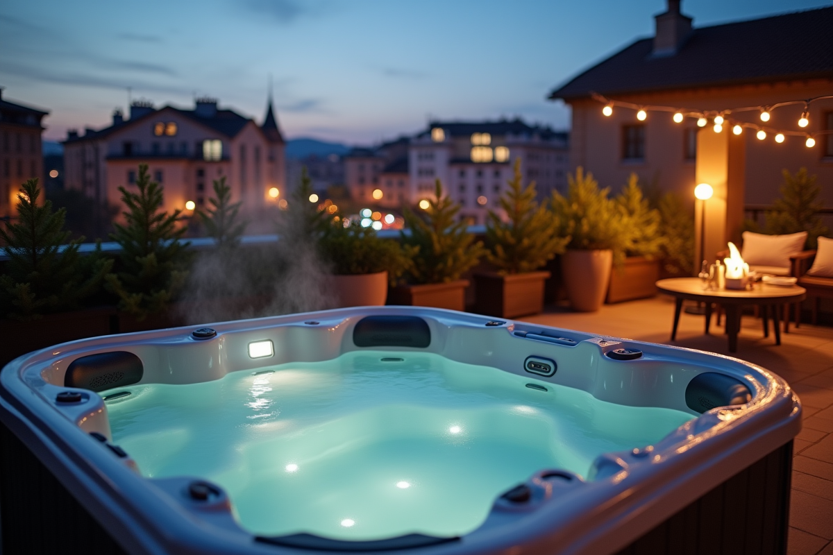 Terrasse sur le toit à Lyon avec jacuzzi en soirée chaleureuse