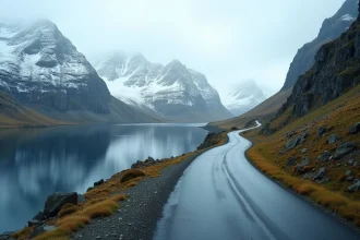 Route sinueuse longeant un fjord norvégien dans les îles Lofoten avec des sommets enneigés en arrière-plan