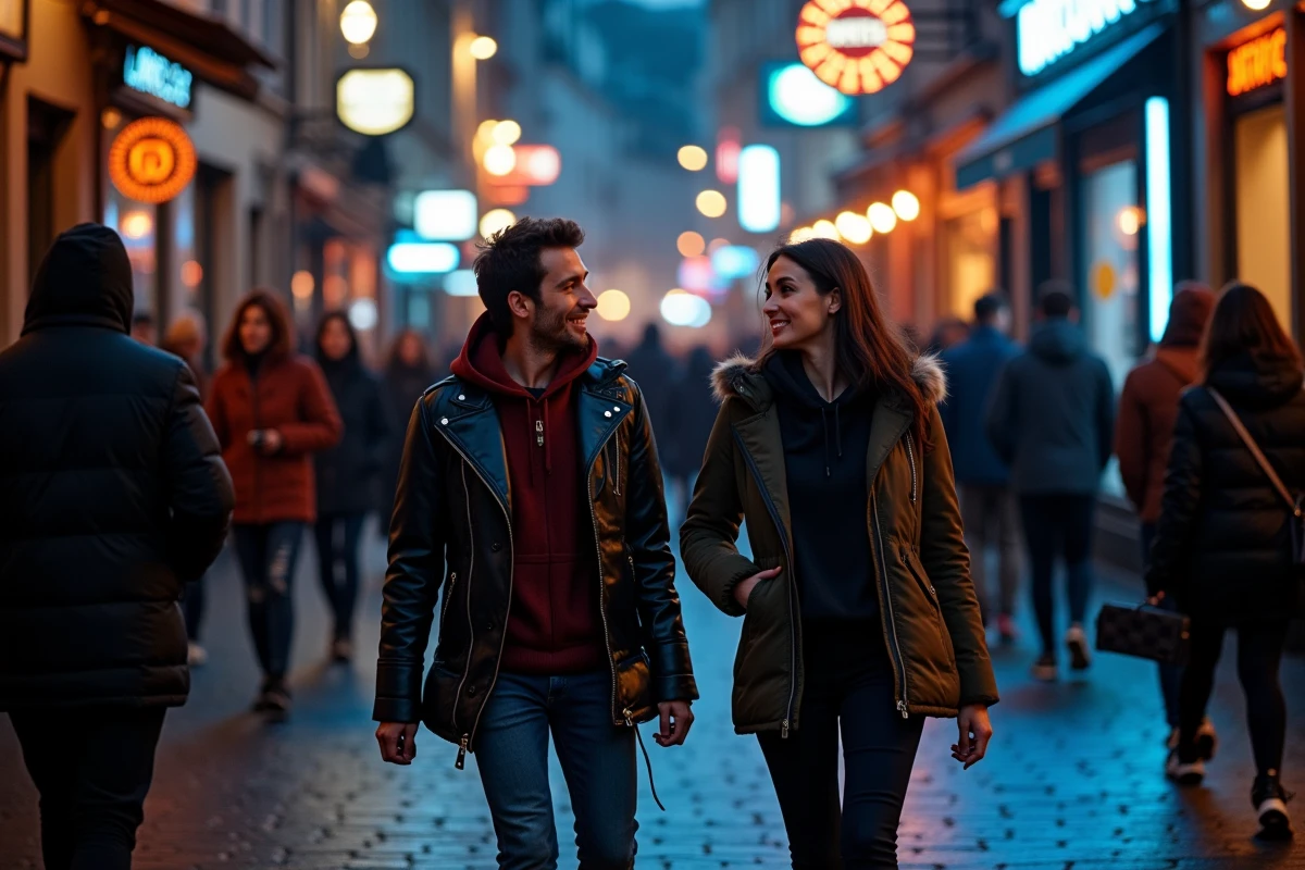 Rue piétonne animée de Liège la nuit avec des fêtards en tenue décontractée, reflets sur les pavés mouillés et devantures de bars colorées