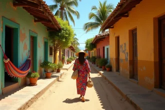 Rue pittoresque de Mazunte au Mexique avec une femme locale en huipil brodé marchant entre des maisons colorées et de la végétation tropicale