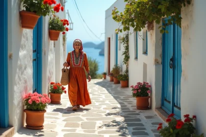 Femme en costume traditionnel dans une ruelle blanchie à la chaux du village d'Olympos à Karpathos, Grèce